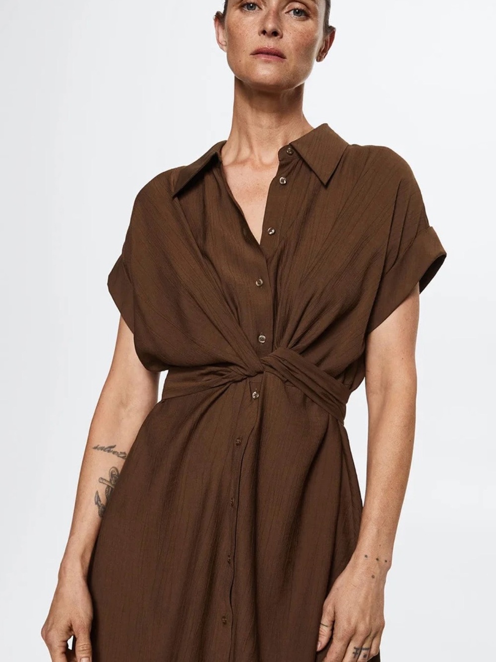Mango Brown Knot-Front Midi Shirt Dress